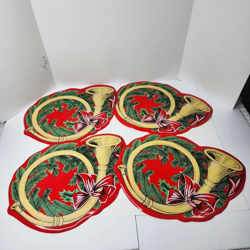 Town & Country Vinyl 1980s Christmas Table Placemats 14 X 18 Red French Horn EC